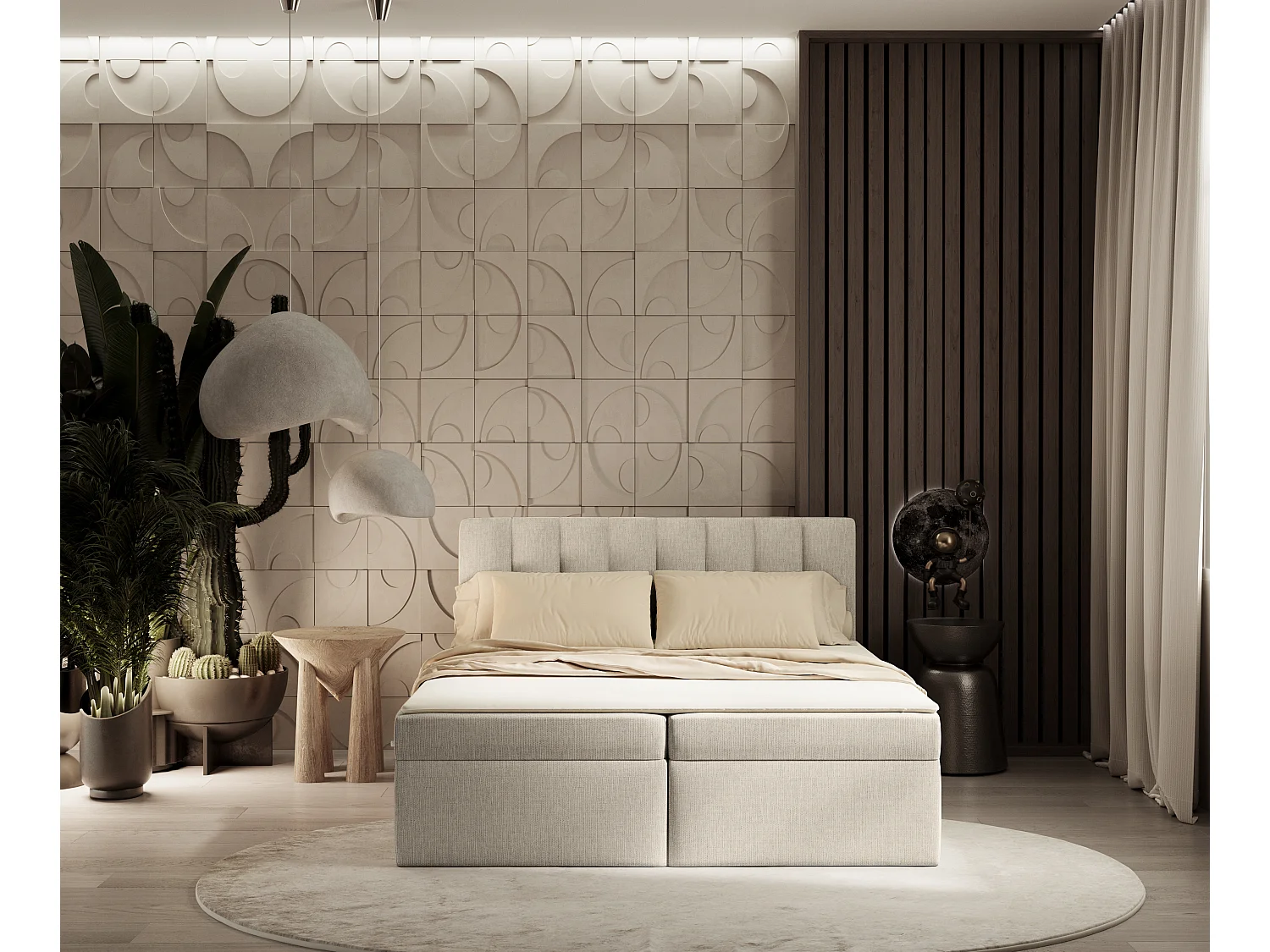 Set compleet bed met hoofdbord + opbergruimte + matrasse + dekmatrasse - 180x200 cm - chenille stof - beige - NOVENTO