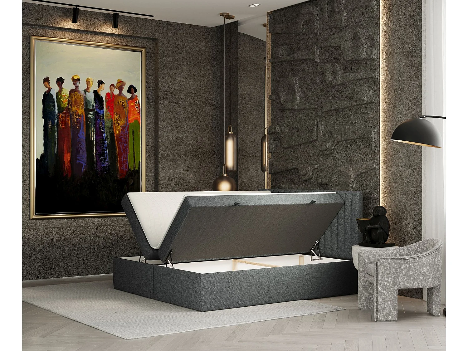 Set compleet bed met hoofdbord + opbergruimte + matrasse + dekmatrasse - 140x200 cm - geweven stof - grafiet - SPENCER