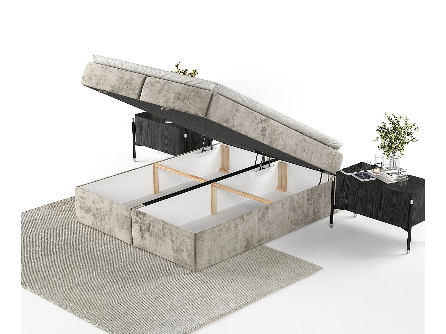 Lit à sommier et coffre de rangement FREJA - matelas - surmatelas - 160x200 cm - beige