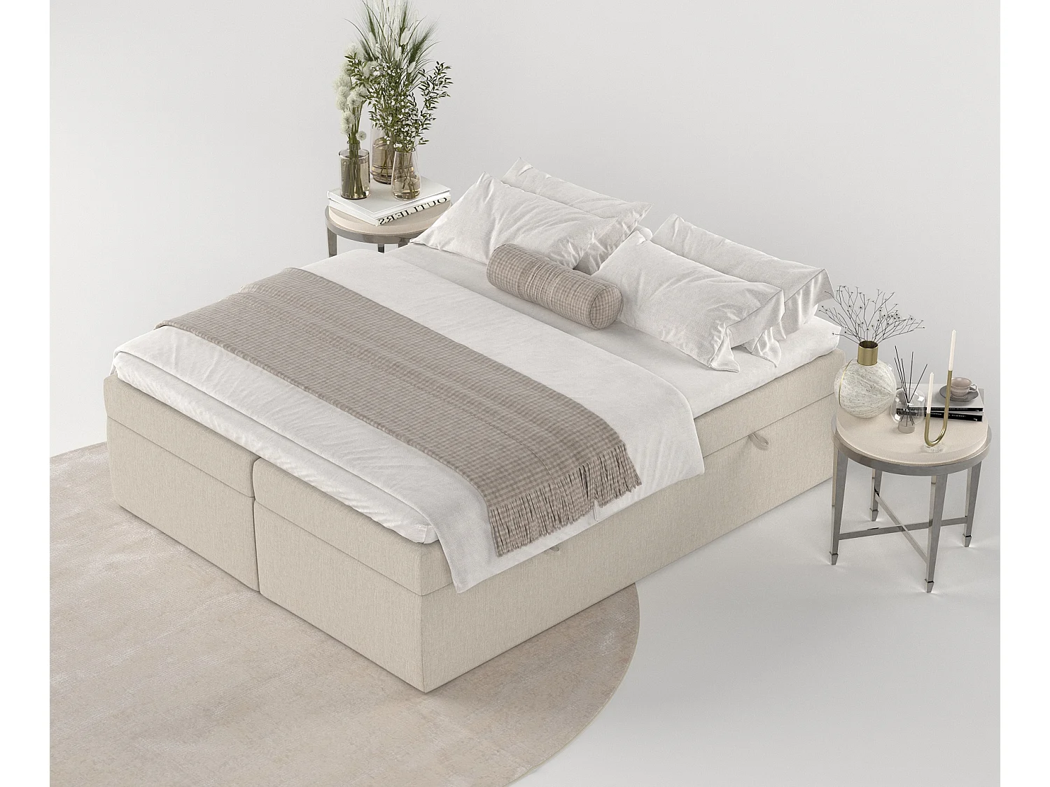 Set compleet bed + opbergruimte + matrasse + dekmatrasse - 200x200 cm - geweven stof - beige - LENNON
