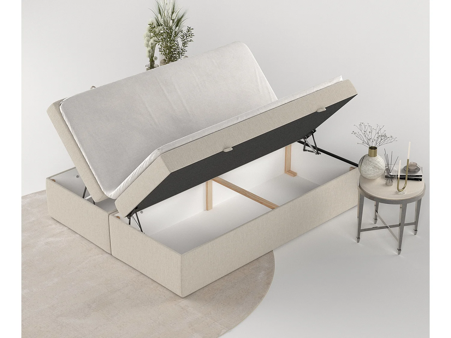 Set compleet bed + opbergruimte + matrasse + dekmatrasse - 200x200 cm - geweven stof - beige - LENNON