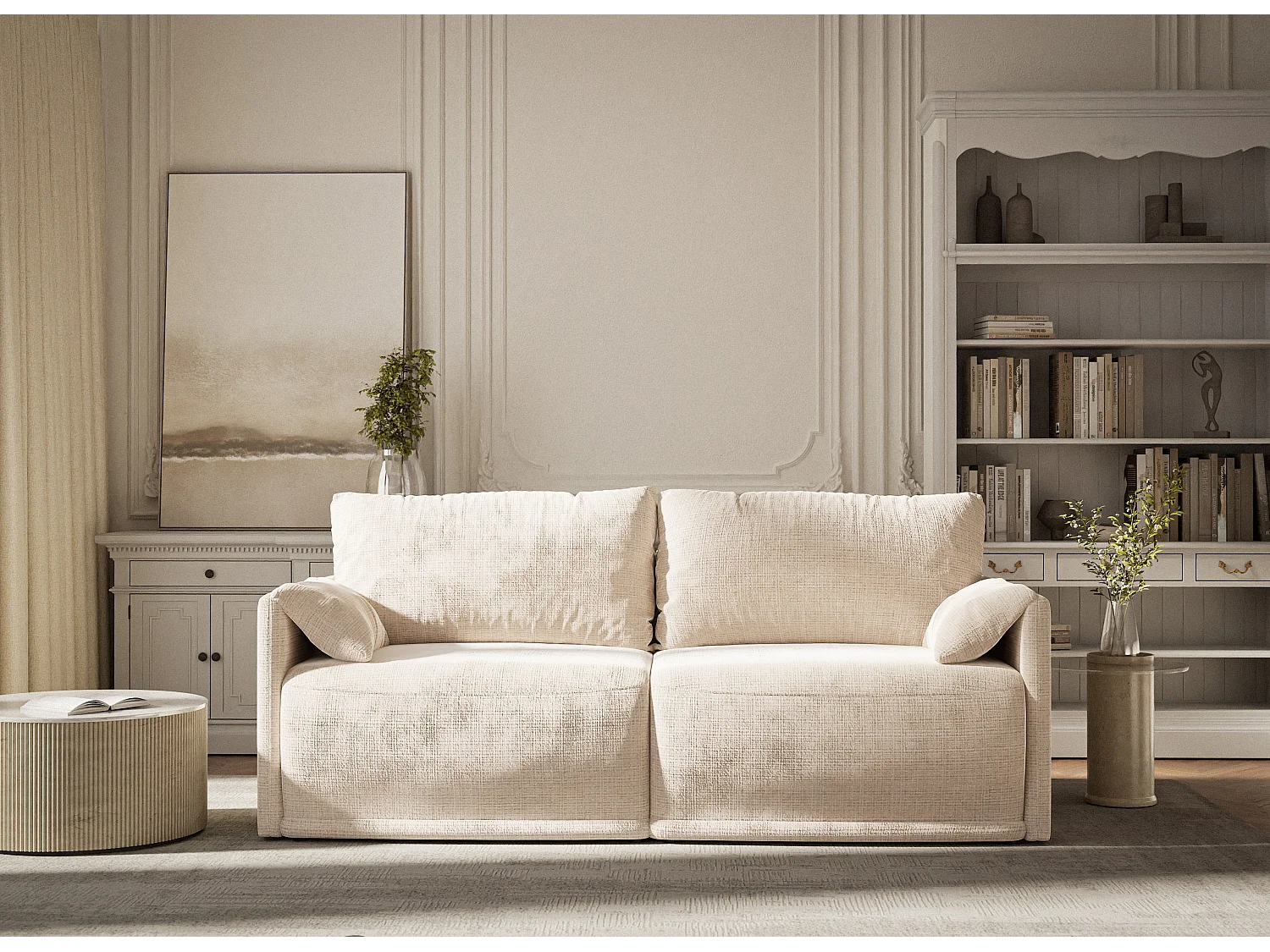 Canapé 3 places convertible en tissu chenille beige NAPPA