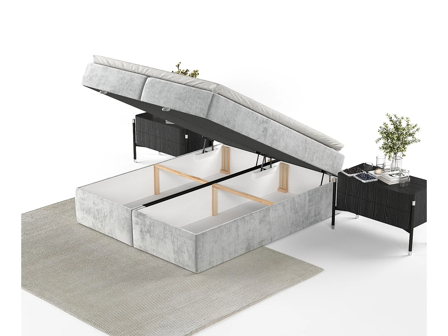 Lit à sommier et coffre de rangement FREJA - matelas - surmatelas - 180x200 cm - gris clair