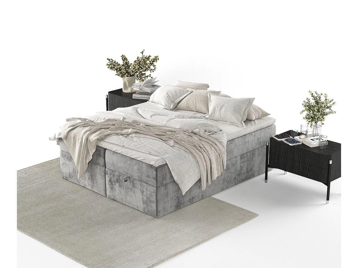 Lit à sommier et coffre de rangement FREJA - matelas - surmatelas - 200x200 cm - gris