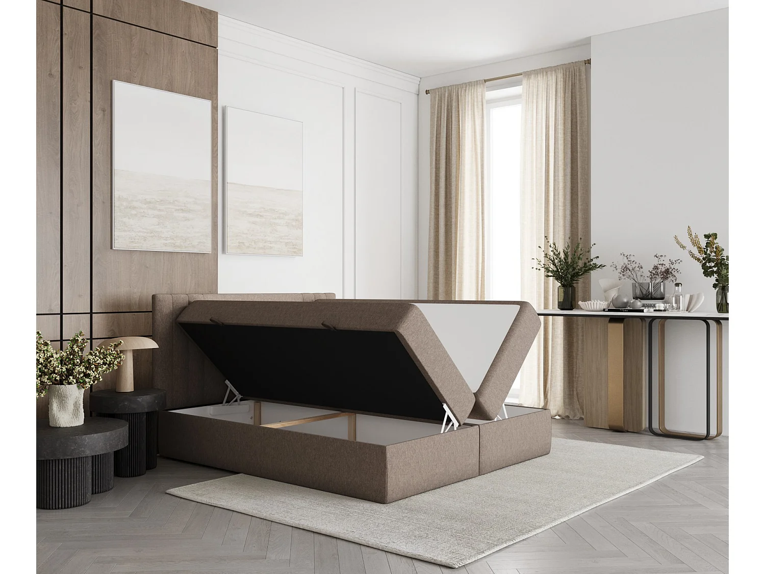 Set compleet bed met hoofdbord + opbergruimte + matrasse + dekmatrasse - 140 x 200 cm - Geweven stof - Lichtbruin - MALLO