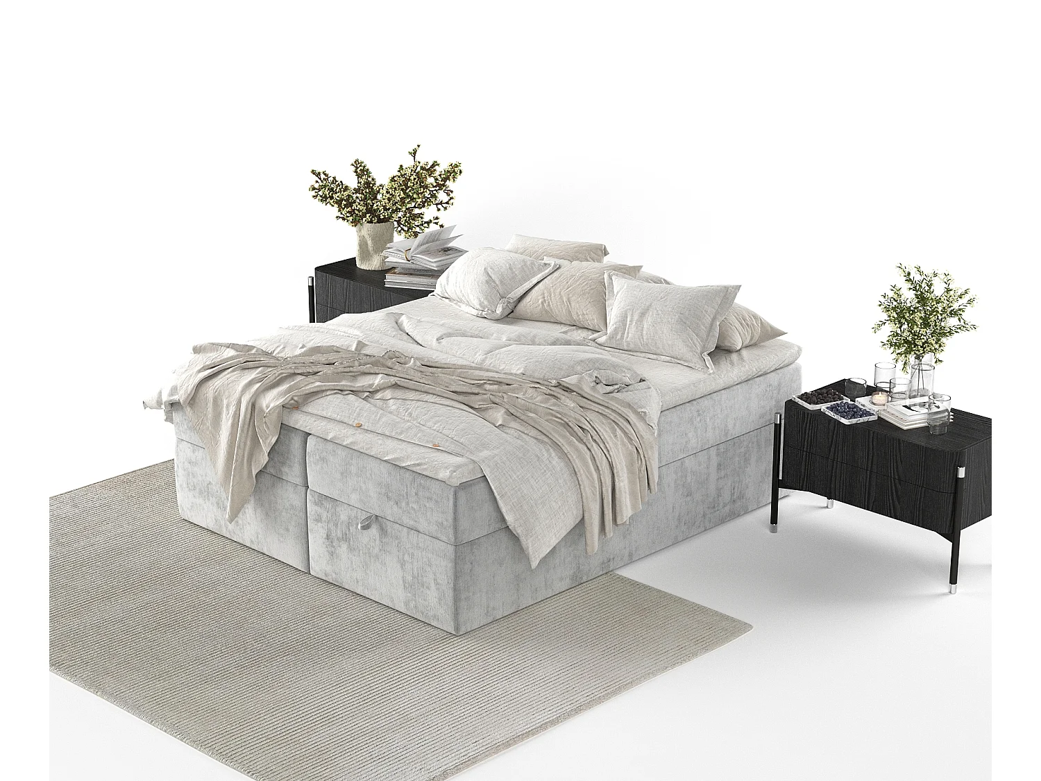 Lit à sommier et coffre de rangement FREJA - matelas - surmatelas - 140x200 cm - gris clair