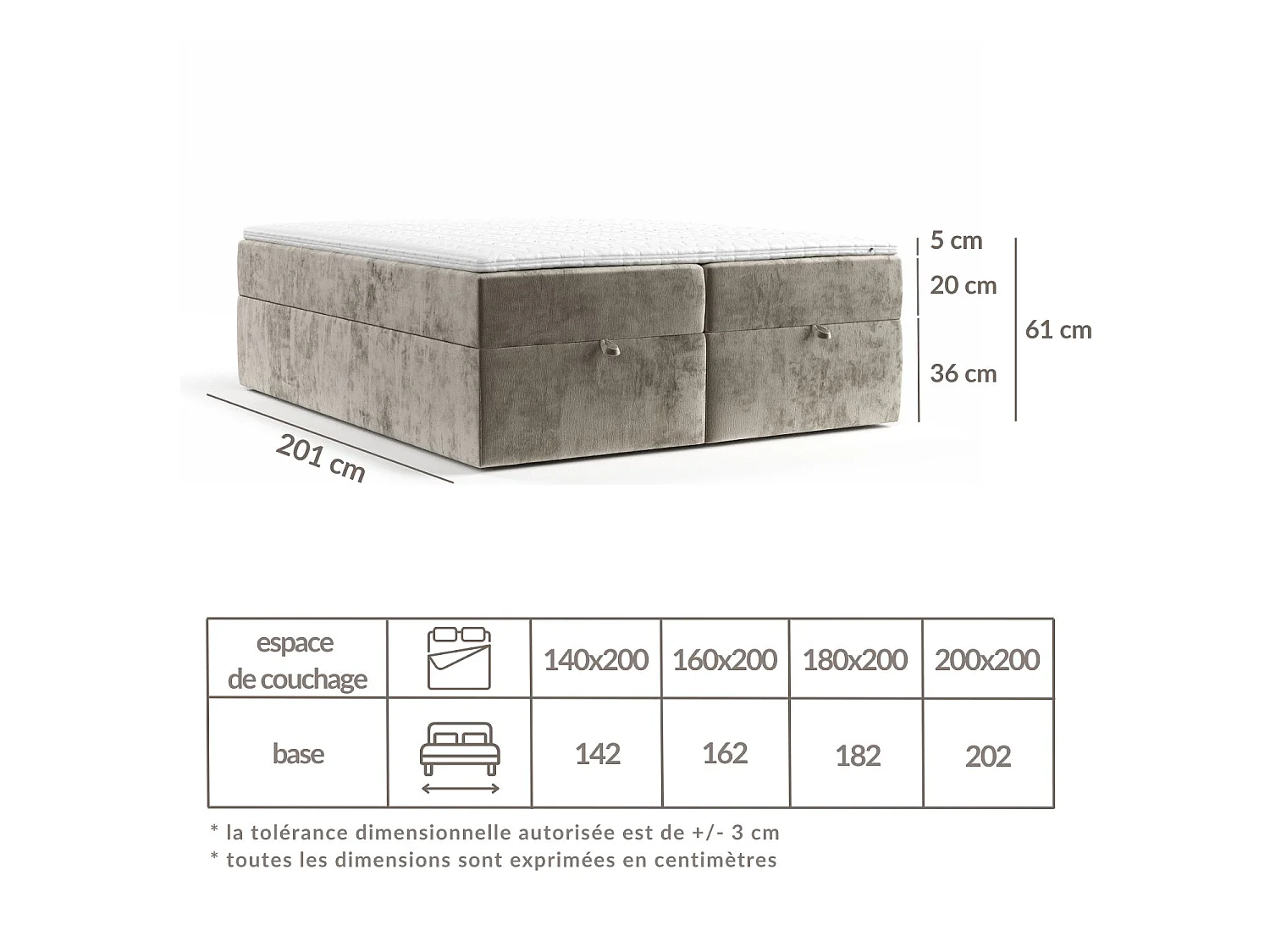 Lit à sommier et coffre de rangement FREJA - matelas - surmatelas - 140x200 cm - gris clair