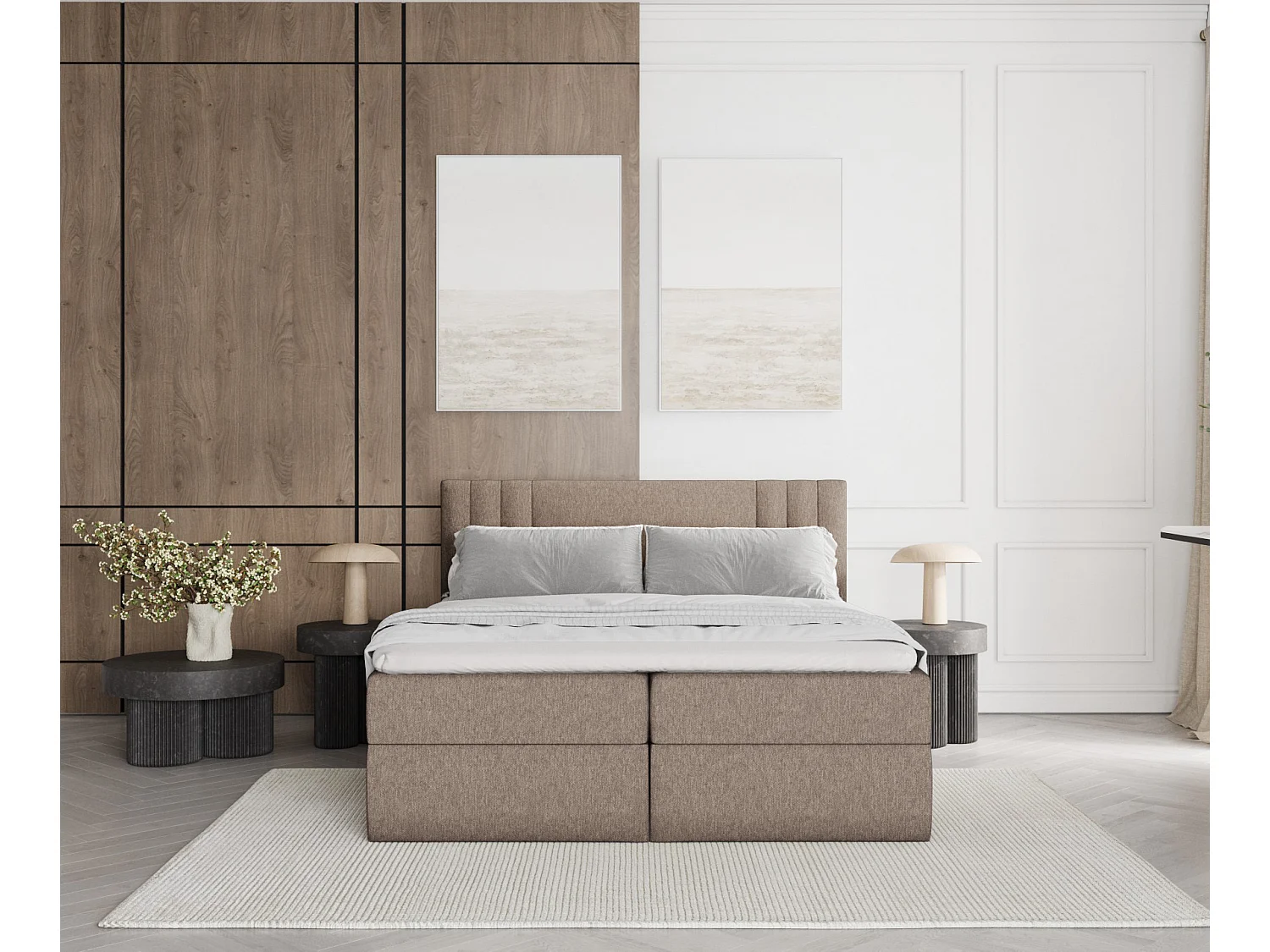 Set compleet bed met hoofdbord + opbergruimte + matrasse + dekmatrasse - 120 x 200 cm - Geweven stof - Lichtbruin - MALLO