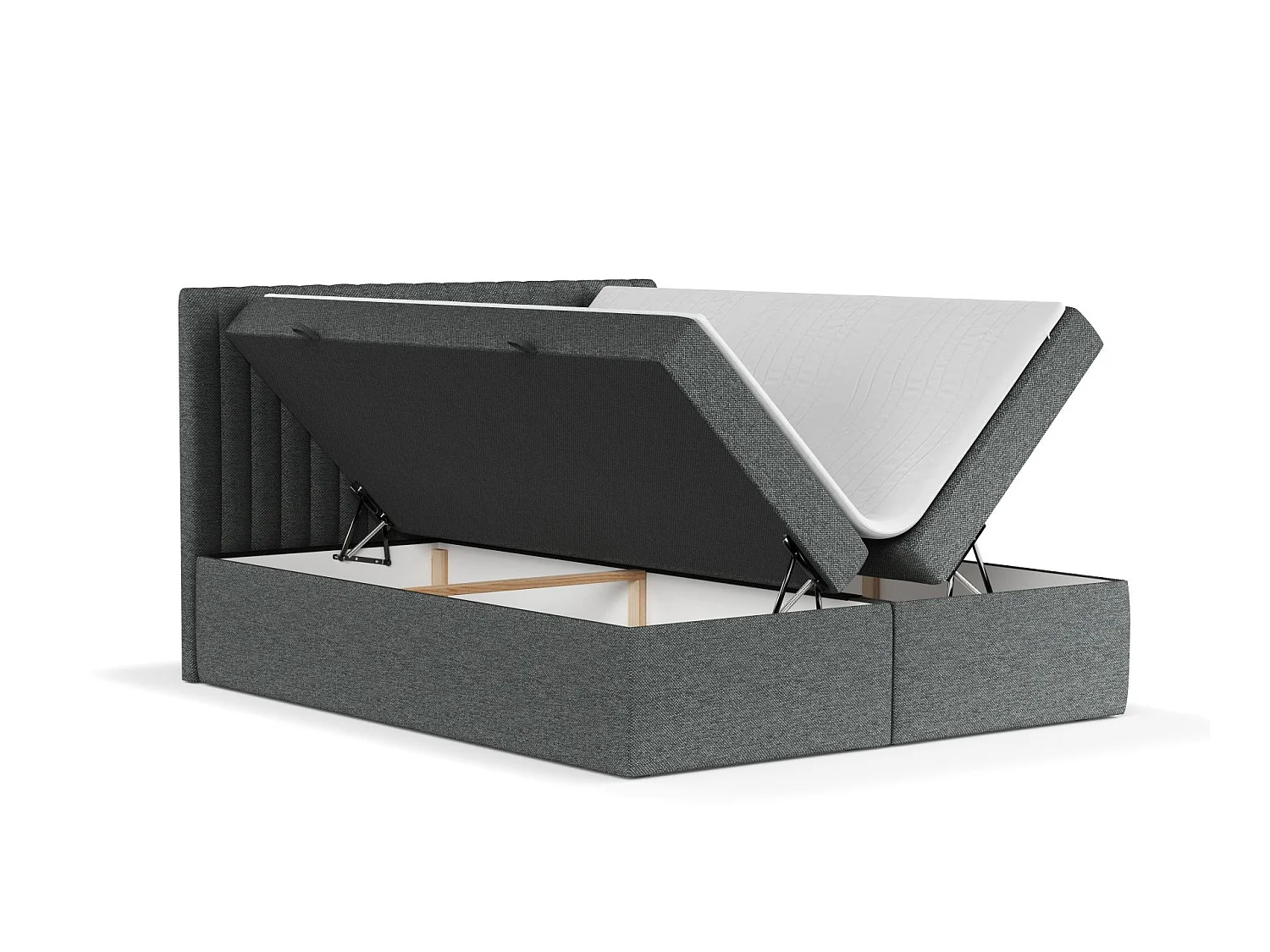 Set compleet bed met hoofdbord + opbergruimte + matrasse + dekmatrasse - 160x200 cm - geweven stof - grafiet - SPENCER