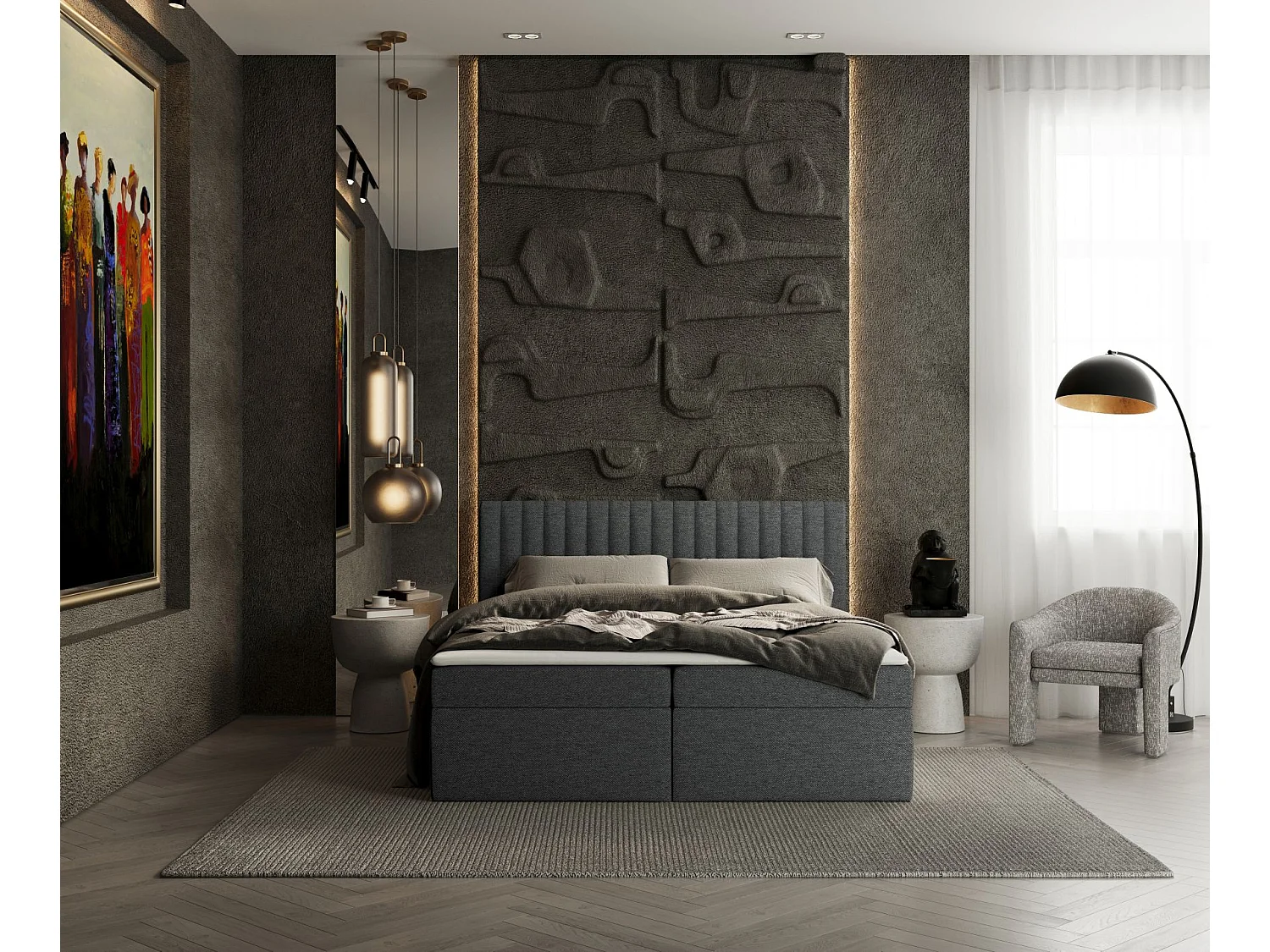 Set compleet bed met hoofdbord + opbergruimte + matrasse + dekmatrasse - 160x200 cm - geweven stof - grafiet - SPENCER