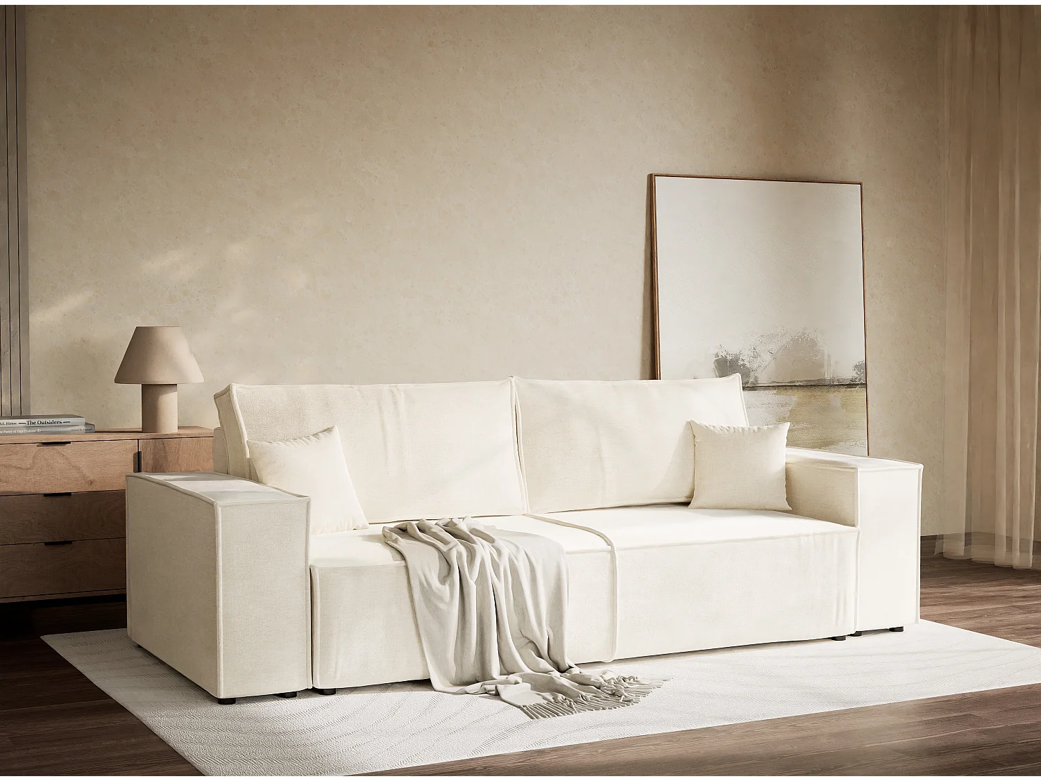 Canapé 3 places convertible en tissu chenille creme MILOS