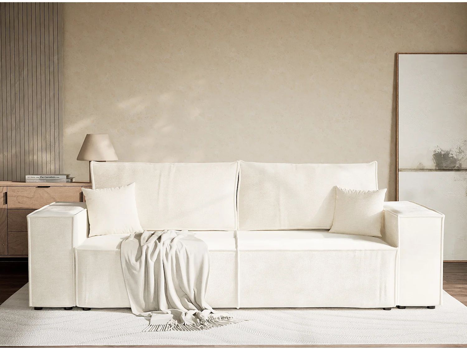 Canapé 3 places convertible en tissu chenille creme MILOS