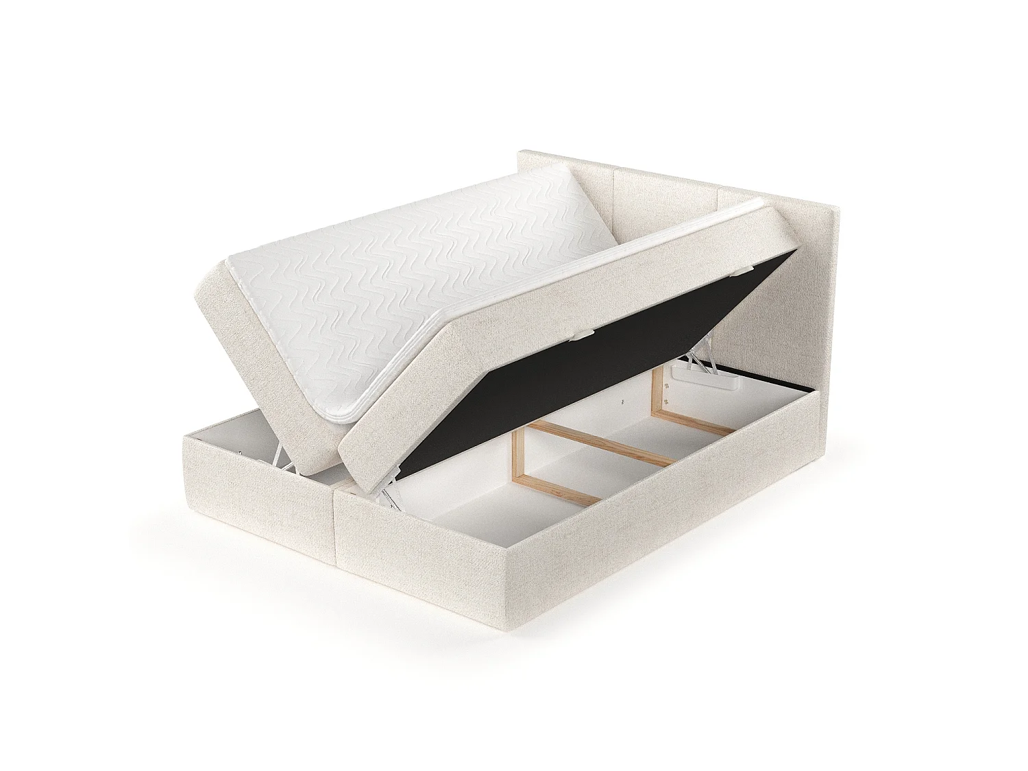 Set compleet bed met hoofdbord + opbergruimte + matrasse + dekmatrasse - 120 x 200 cm - Geweven stof - Creme - JONAH