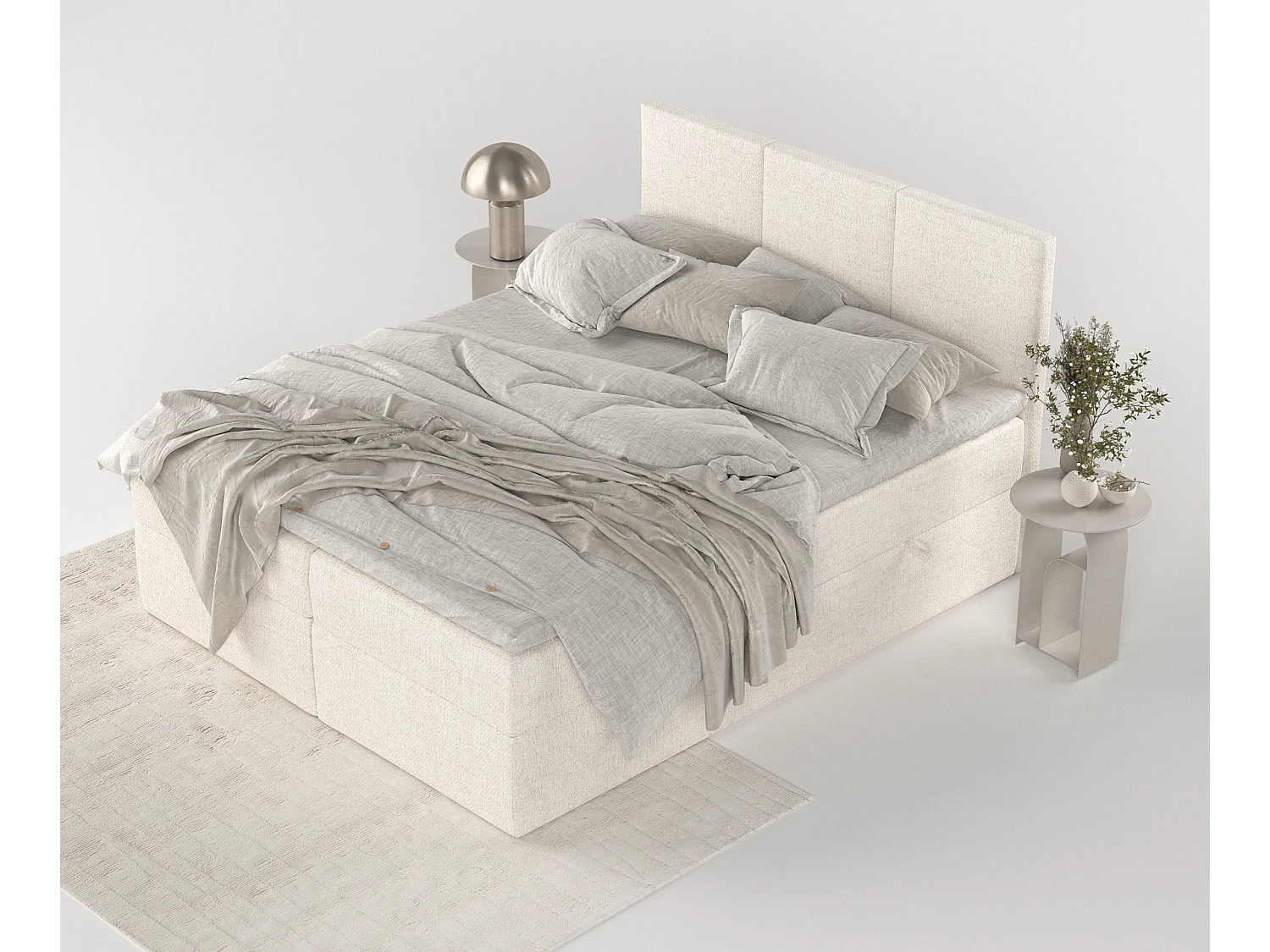 Set compleet bed met hoofdbord + opbergruimte + matrasse + dekmatrasse - 120 x 200 cm - Geweven stof - Creme - JONAH