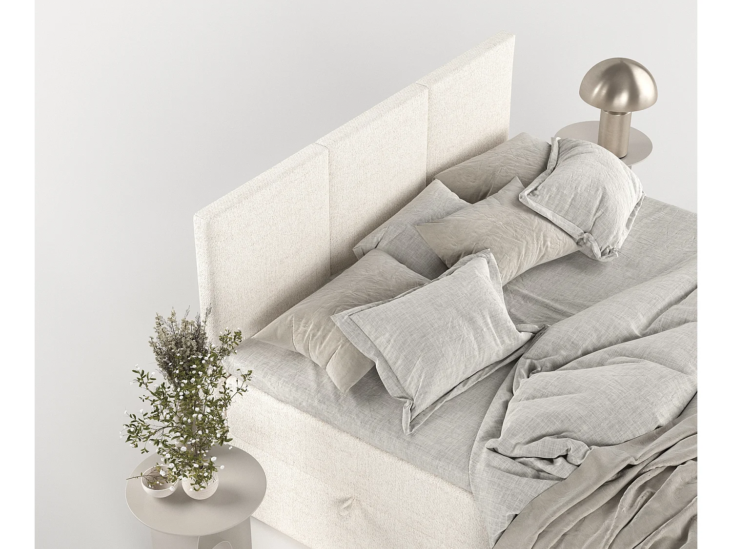 Set compleet bed met hoofdbord + opbergruimte + matrasse + dekmatrasse - 120 x 200 cm - Geweven stof - Creme - JONAH