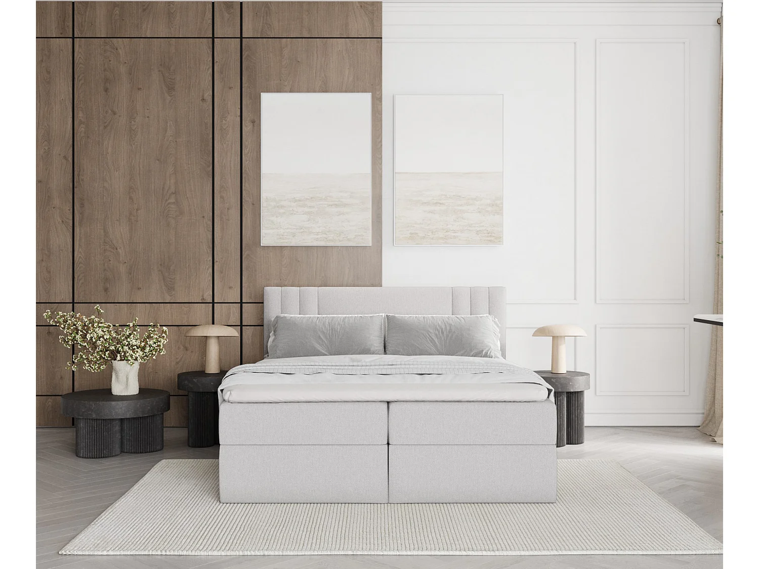 Set compleet bed met hoofdbord + opbergruimte + matrasse + dekmatrasse - 160 x 200 cm - Geweven stof - Lichtgrijs - MALLO