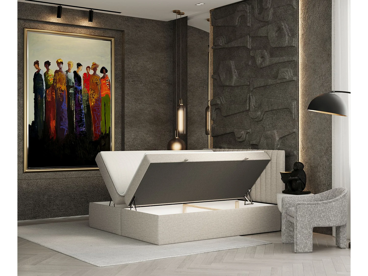 Set compleet bed met hoofdbord + opbergruimte + matrasse + dekmatrasse - 180x200 cm - geweven stof - beige - SPENCER