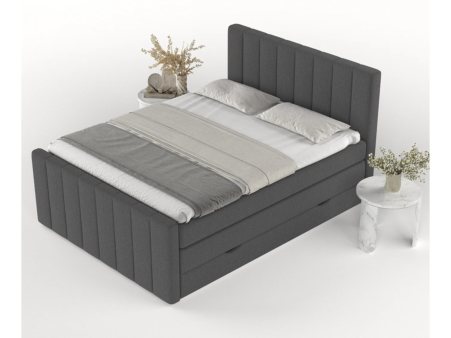 Set compleet bed met hoofdbord + opbergruimte + matrasse + dekmatrasse - 160 x 200 cm - Geweven stof - Grafiet - RUBY