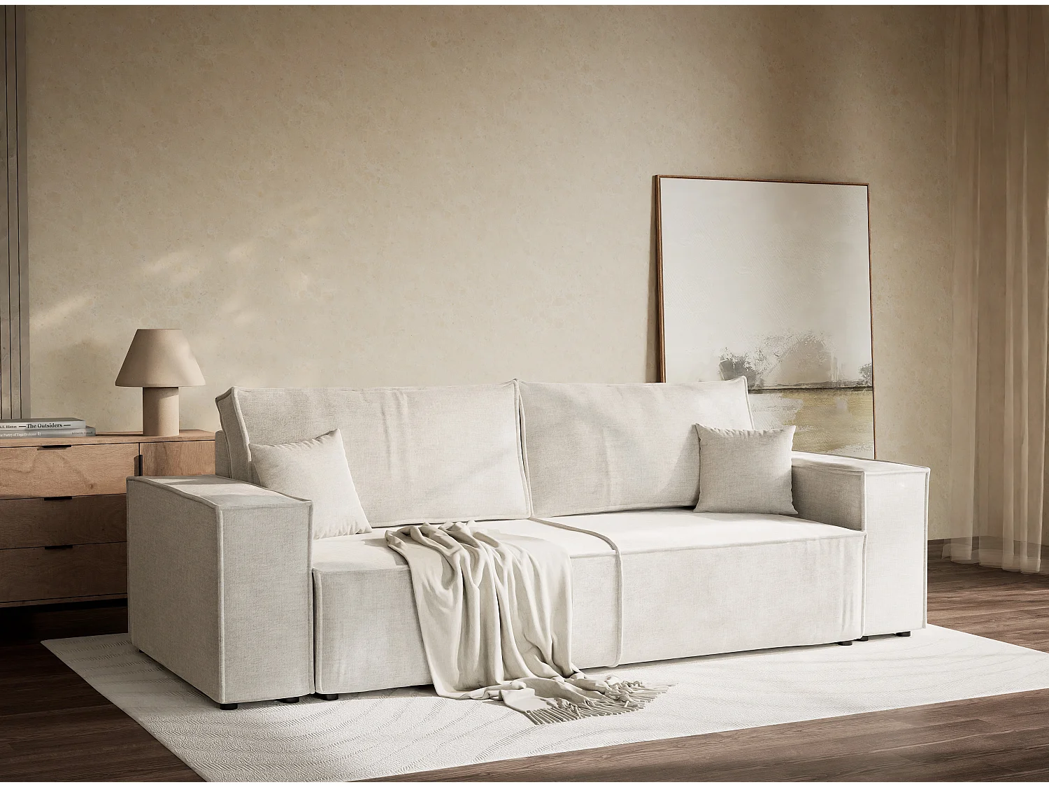 Canapé 3 places convertible en tissu chenille beige gris MILOS