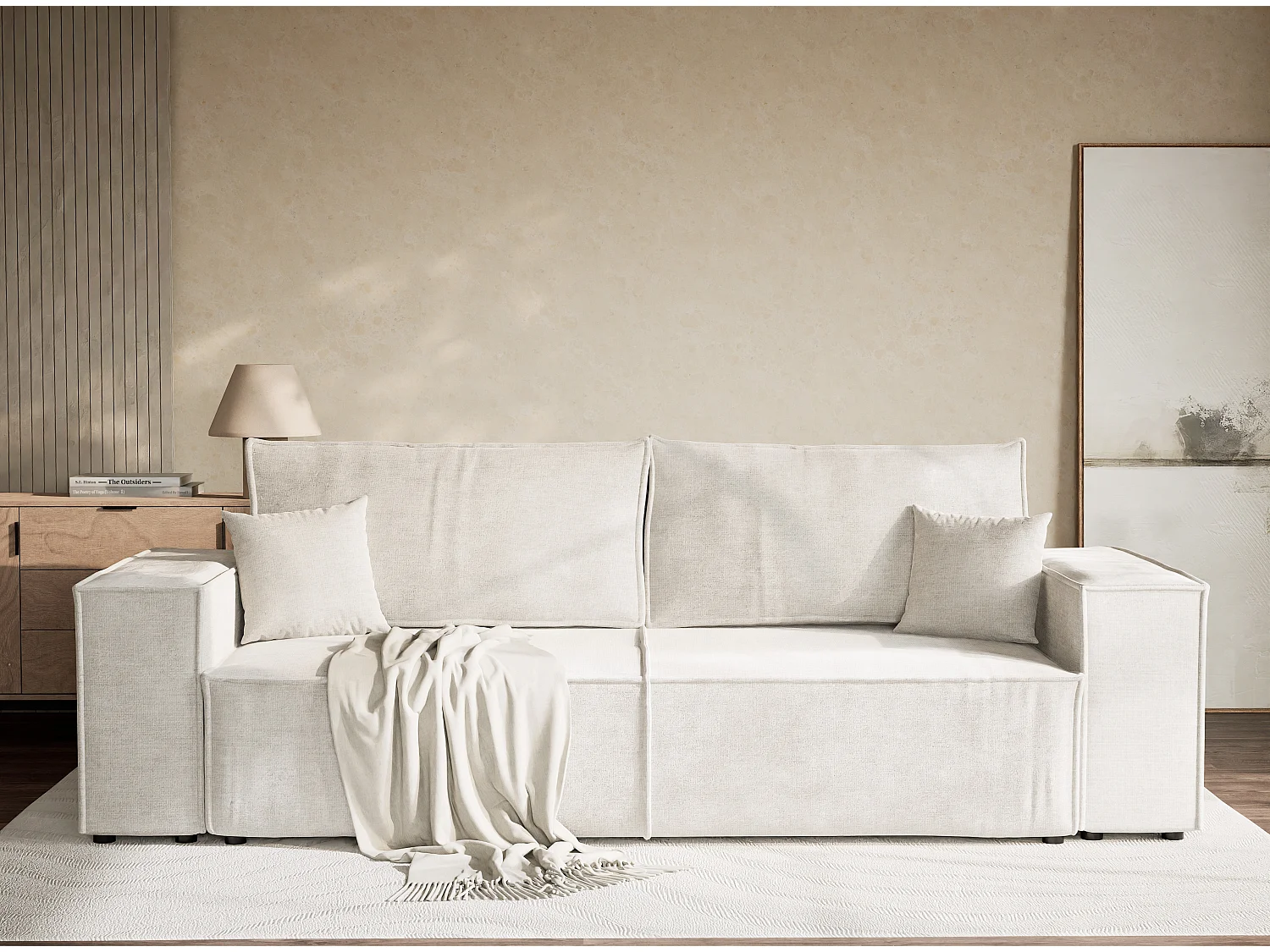 Canapé 3 places convertible en tissu chenille beige gris MILOS