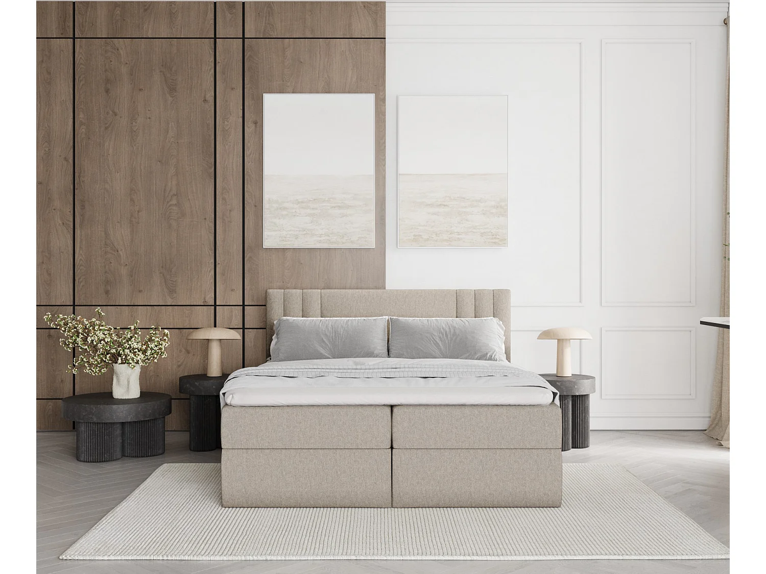 Set compleet bed met hoofdbord + opbergruimte + matrasse + dekmatrasse - 120 x 200 cm - Geweven stof - Beige - MALLO