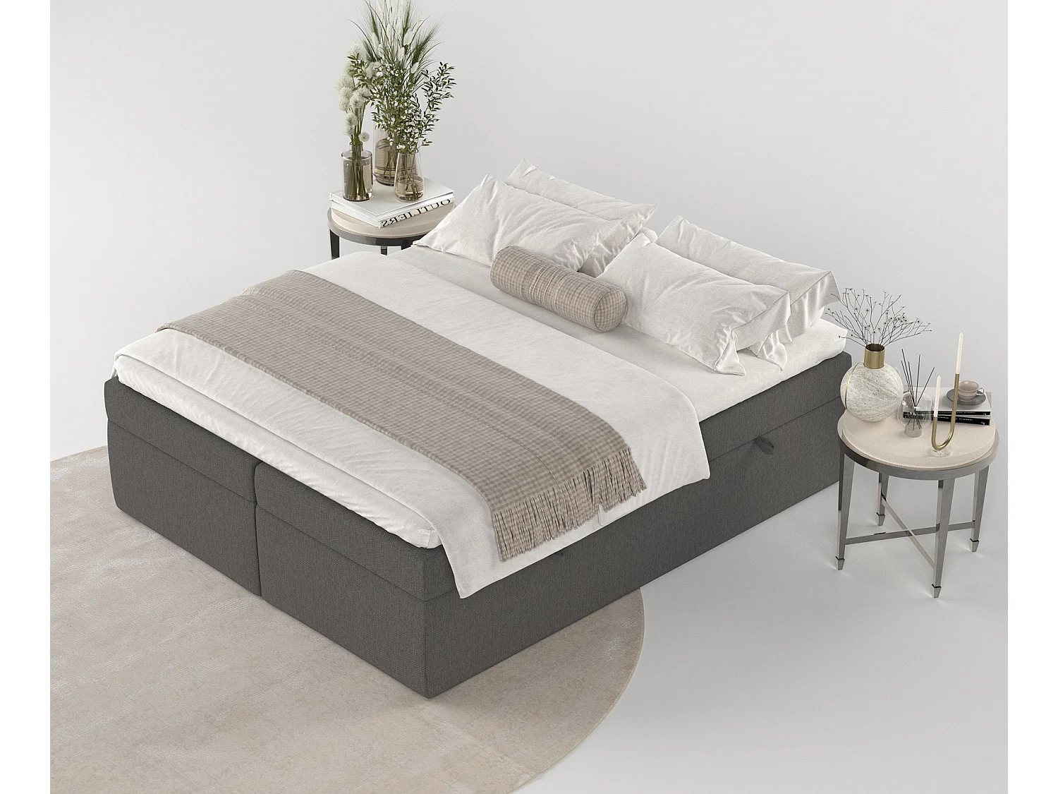 Set compleet bed + opbergruimte + matrasse + dekmatrasse - 140x200 cm - geweven stof - grafiet - LENNON