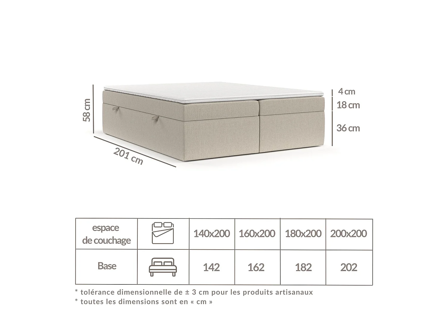Set compleet bed + opbergruimte + matrasse + dekmatrasse - 140x200 cm - geweven stof - grafiet - LENNON