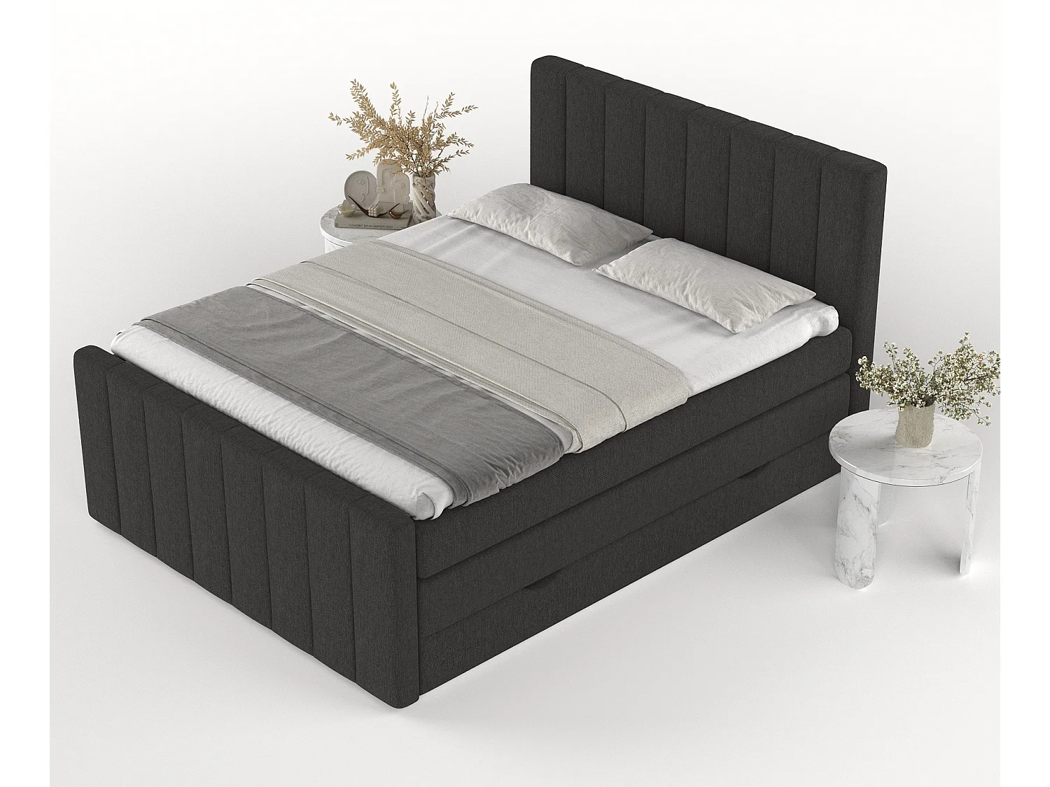 Set compleet bed met hoofdbord + opbergruimte + matrasse + dekmatrasse - 200 x 200 cm - Geweven stof - Zwart - RUBY
