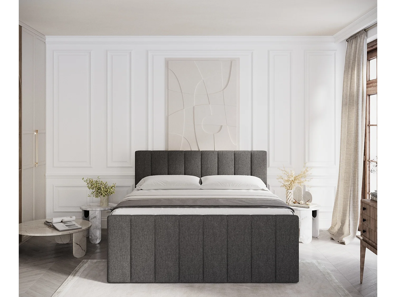Set compleet bed met hoofdbord + opbergruimte + matrasse + dekmatrasse - 200 x 200 cm - Geweven stof - Zwart - RUBY