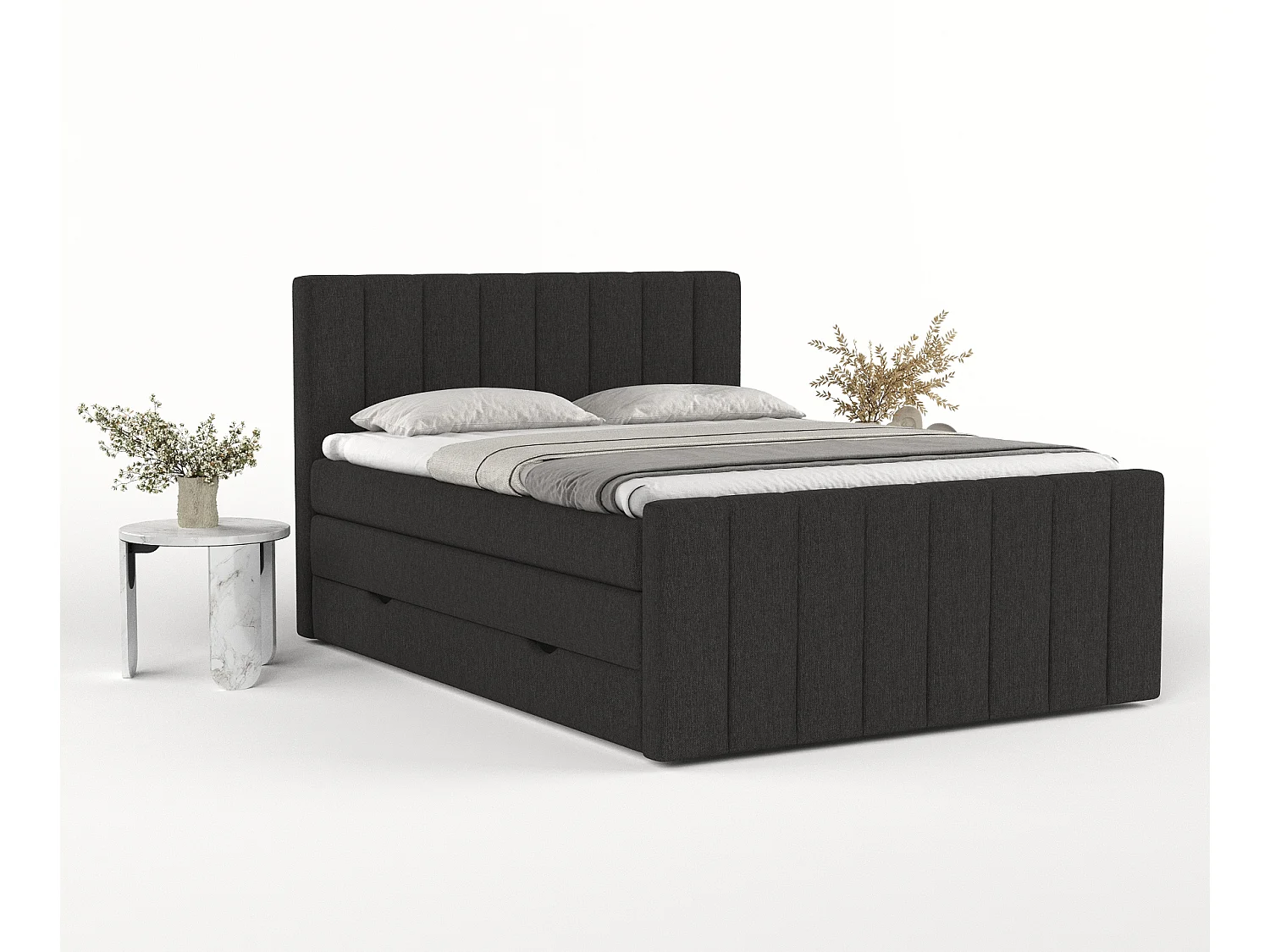 Set compleet bed met hoofdbord + opbergruimte + matrasse + dekmatrasse - 140 x 200 cm - Geweven stof - Zwart - RUBY