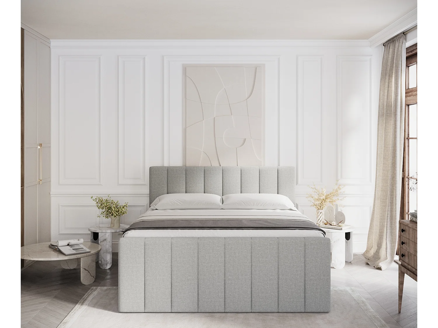 Set compleet bed met hoofdbord + opbergruimte + matrasse + dekmatrasse - 140 x 200 cm - Geweven stof - Grijs - RUBY