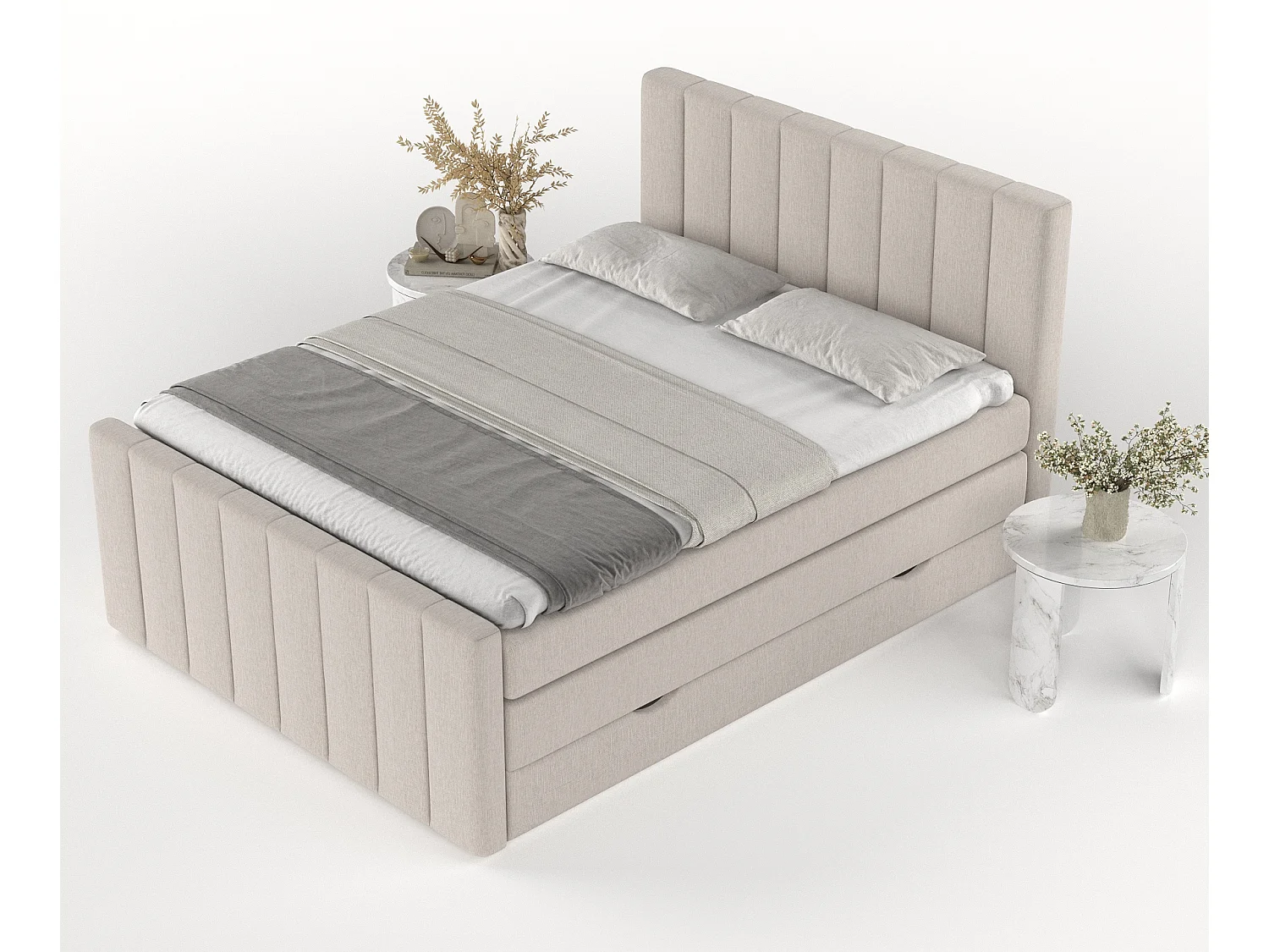 Set compleet bed met hoofdbord + opbergruimte + matrasse + dekmatrasse - 180 x 200 cm - Geweven stof - Beige - RUBY