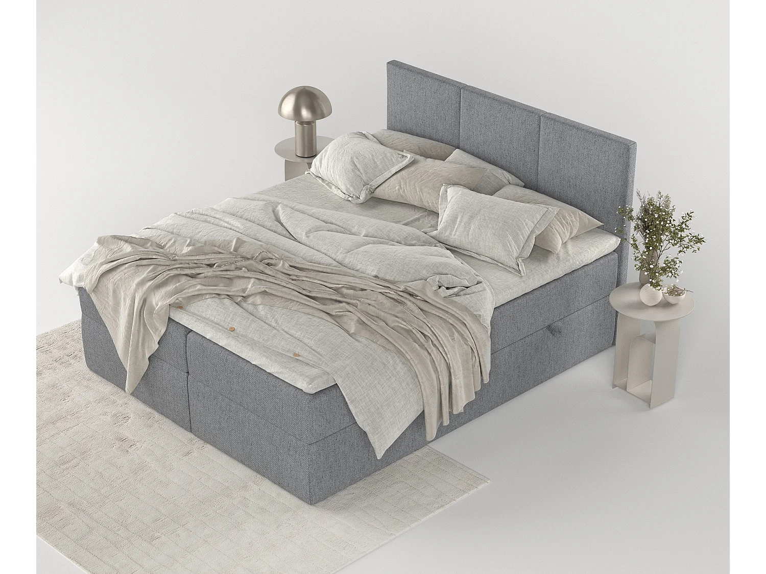 Set compleet bed met hoofdbord + opbergruimte + matrasse + dekmatrasse - 140 x 200 cm - Geweven stof - Grijs - JONAH