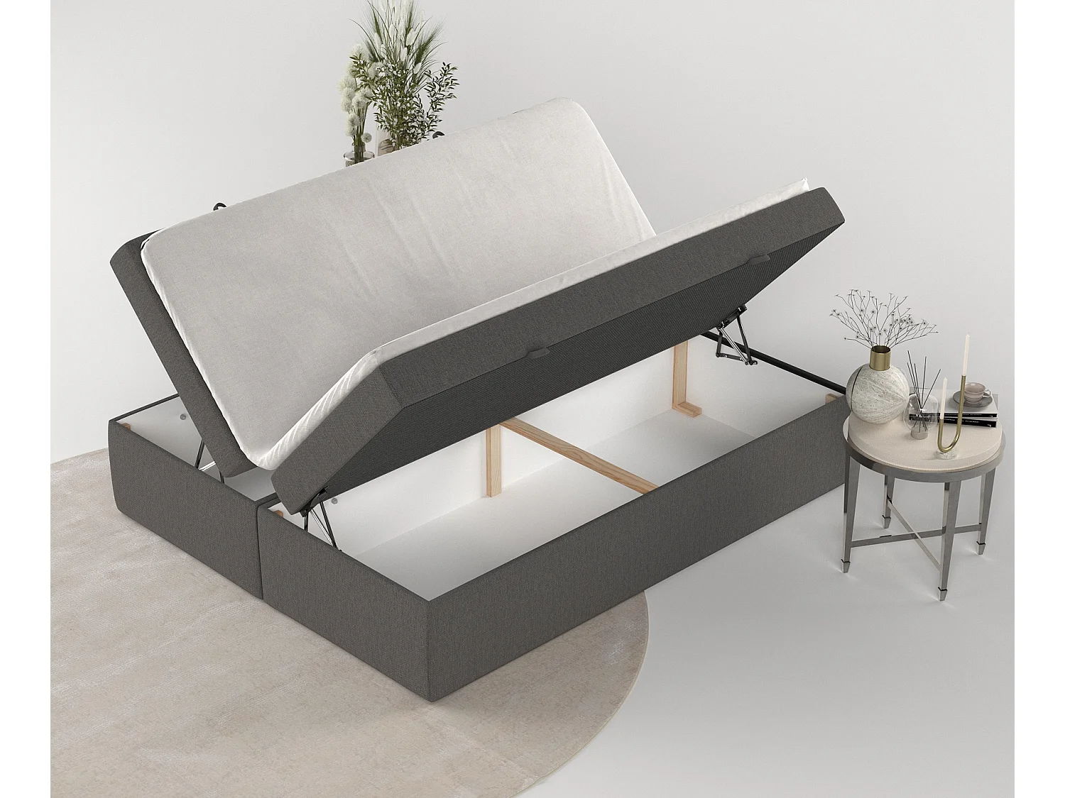Set compleet bed + opbergruimte + matrasse + dekmatrasse - 200x200 cm - geweven stof - grafiet - LENNON