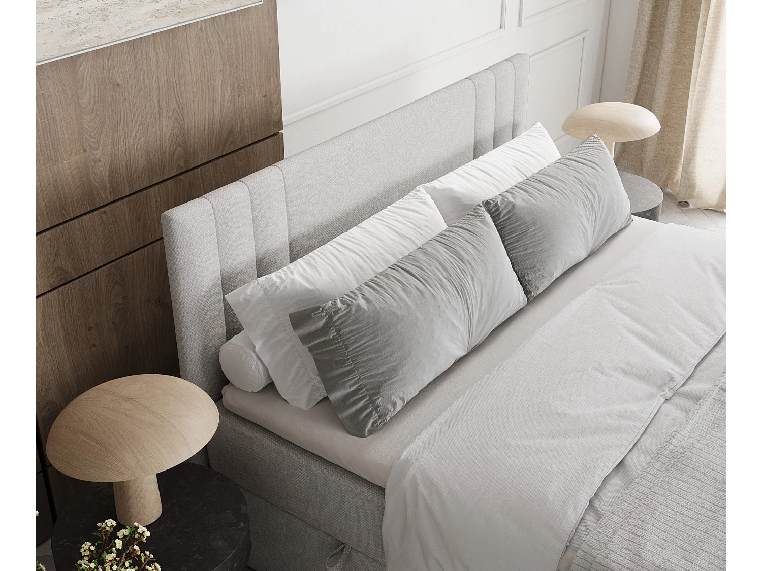 Set compleet bed met hoofdbord + opbergruimte + matrasse + dekmatrasse - 180 x 200 cm - Geweven stof - Lichtgrijs - MALLO