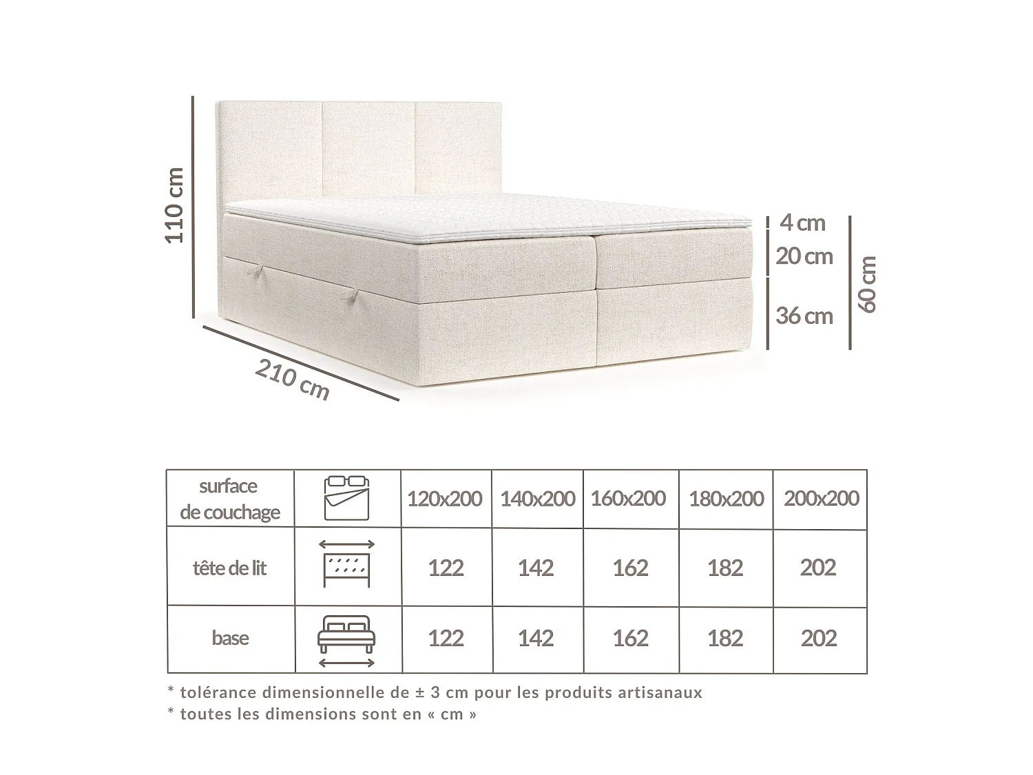 Set compleet bed met hoofdbord + opbergruimte + matrasse + dekmatrasse - 180 x 200 cm - Geweven stof - Grijs - JONAH