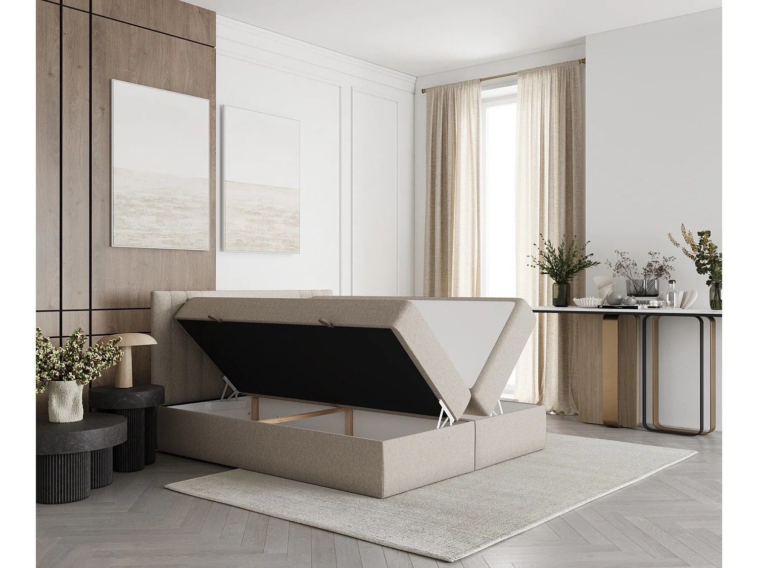 Set compleet bed met hoofdbord + opbergruimte + matrasse + dekmatrasse - 200 x 200 cm - Geweven stof - Beige - MALLO