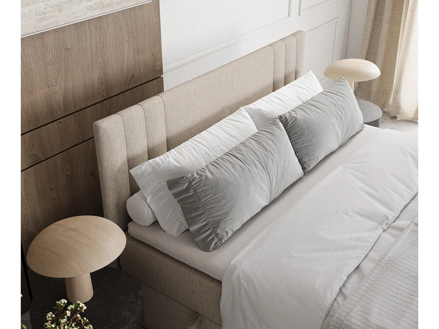 Set compleet bed met hoofdbord + opbergruimte + matrasse + dekmatrasse - 200 x 200 cm - Geweven stof - Beige - MALLO