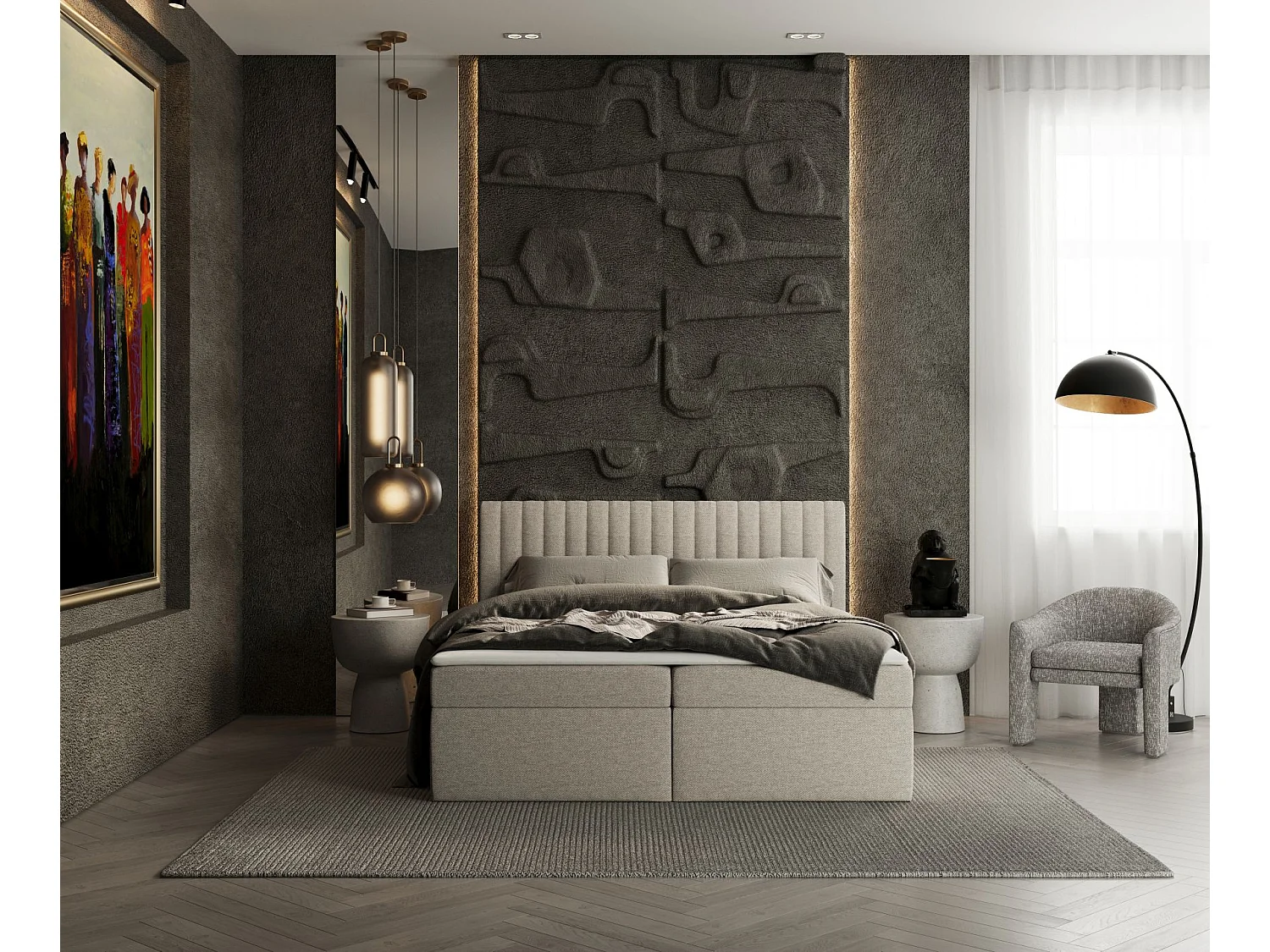 Set compleet bed met hoofdbord + opbergruimte + matrasse + dekmatrasse - 160x200 cm - geweven stof - beige - SPENCER
