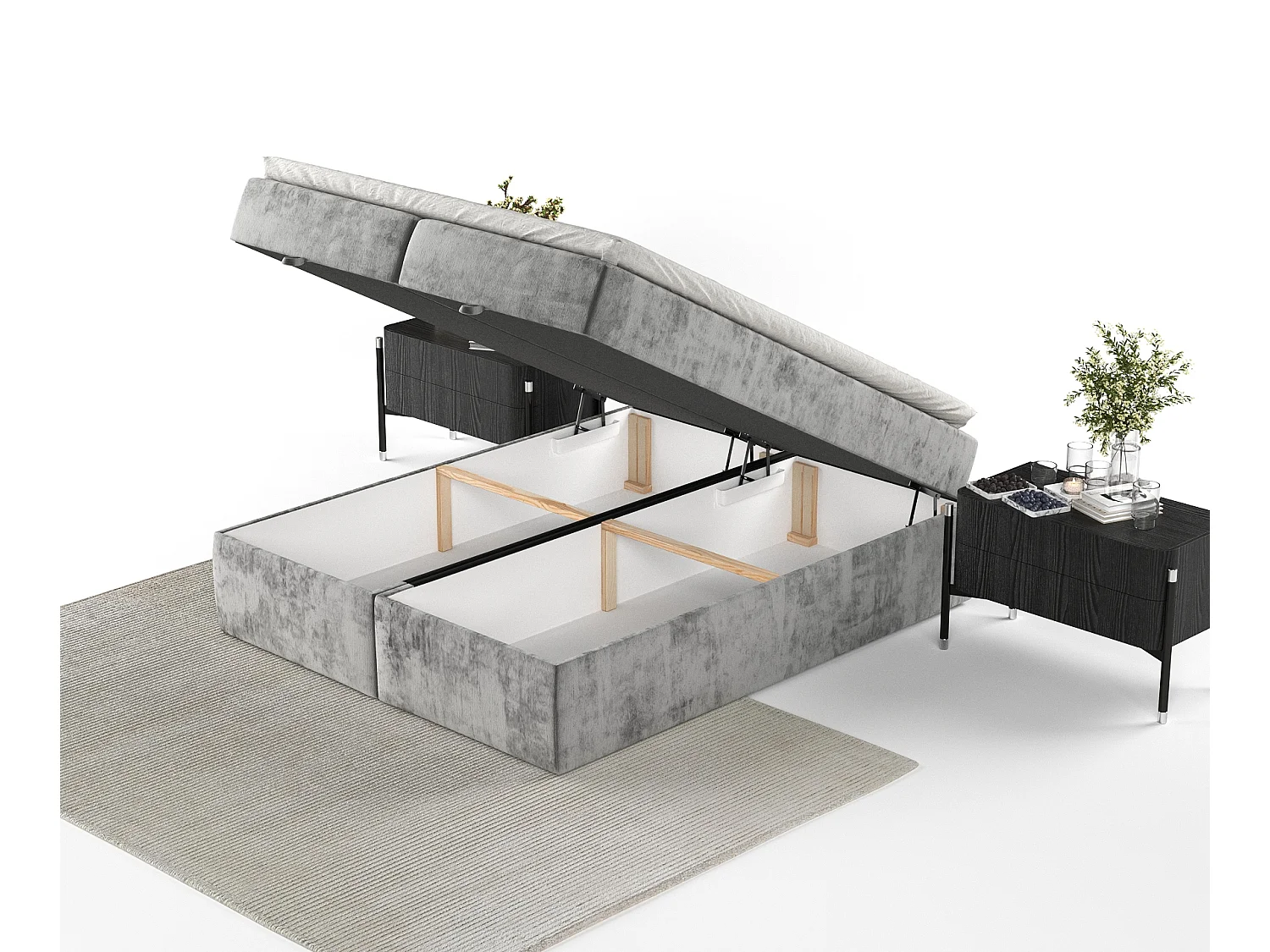 Lit à sommier et coffre de rangement FREJA - matelas - surmatelas - 140x200 cm - gris
