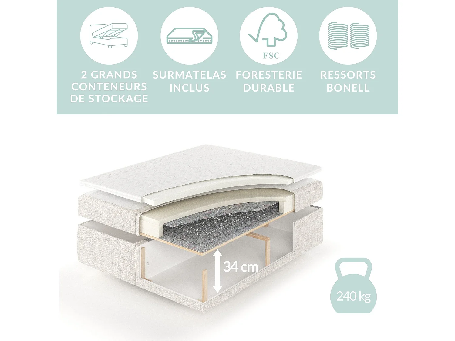 Set compleet bed met hoofdbord + opbergruimte + matrasse + dekmatrasse - 180x200 cm - geweven stof - beige grijs - SPENCER