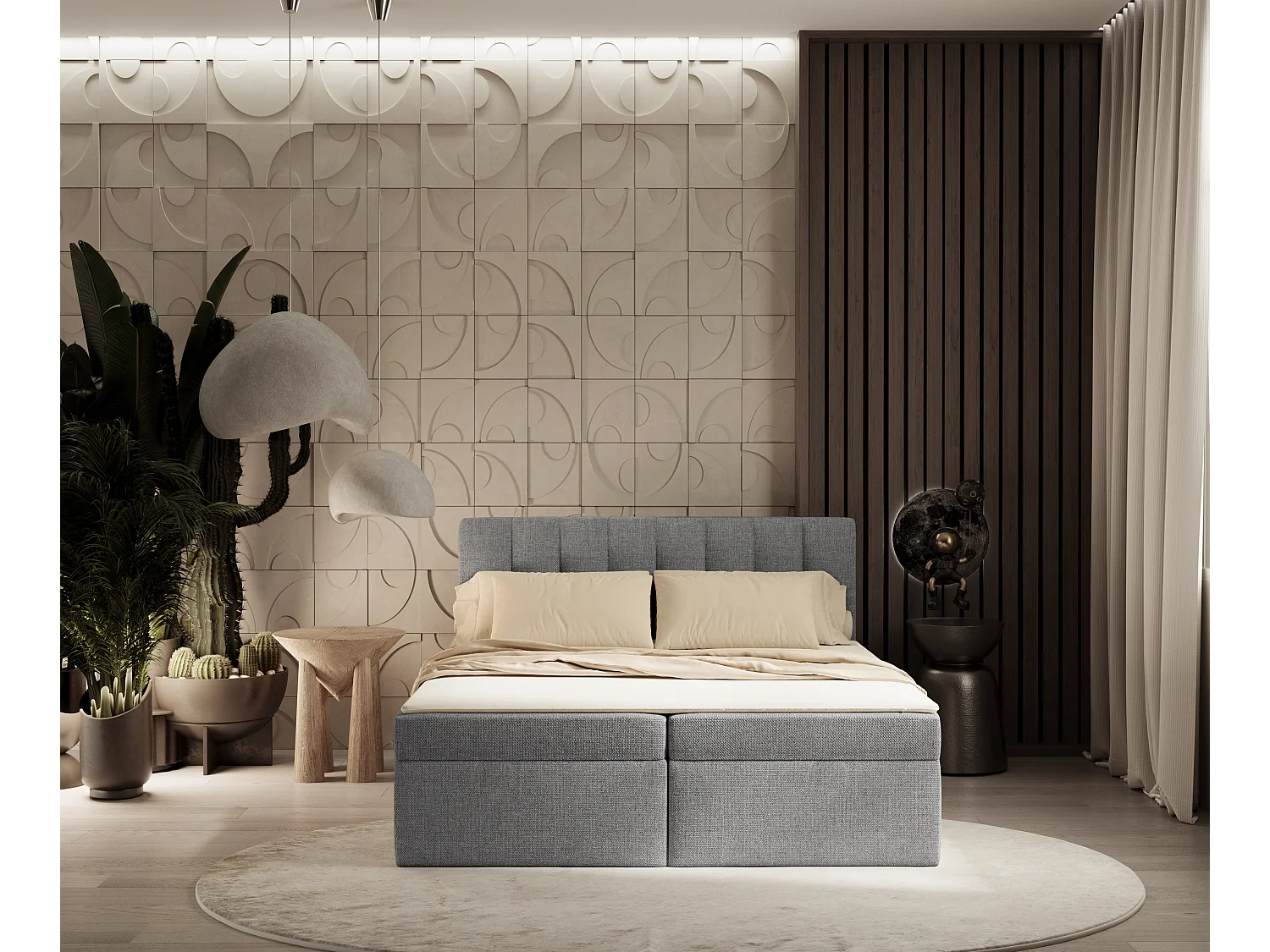 Set compleet bed met hoofdbord + opbergruimte + matrasse + dekmatrasse - 140x200 cm - chenille stof - grijs - NOVENTO