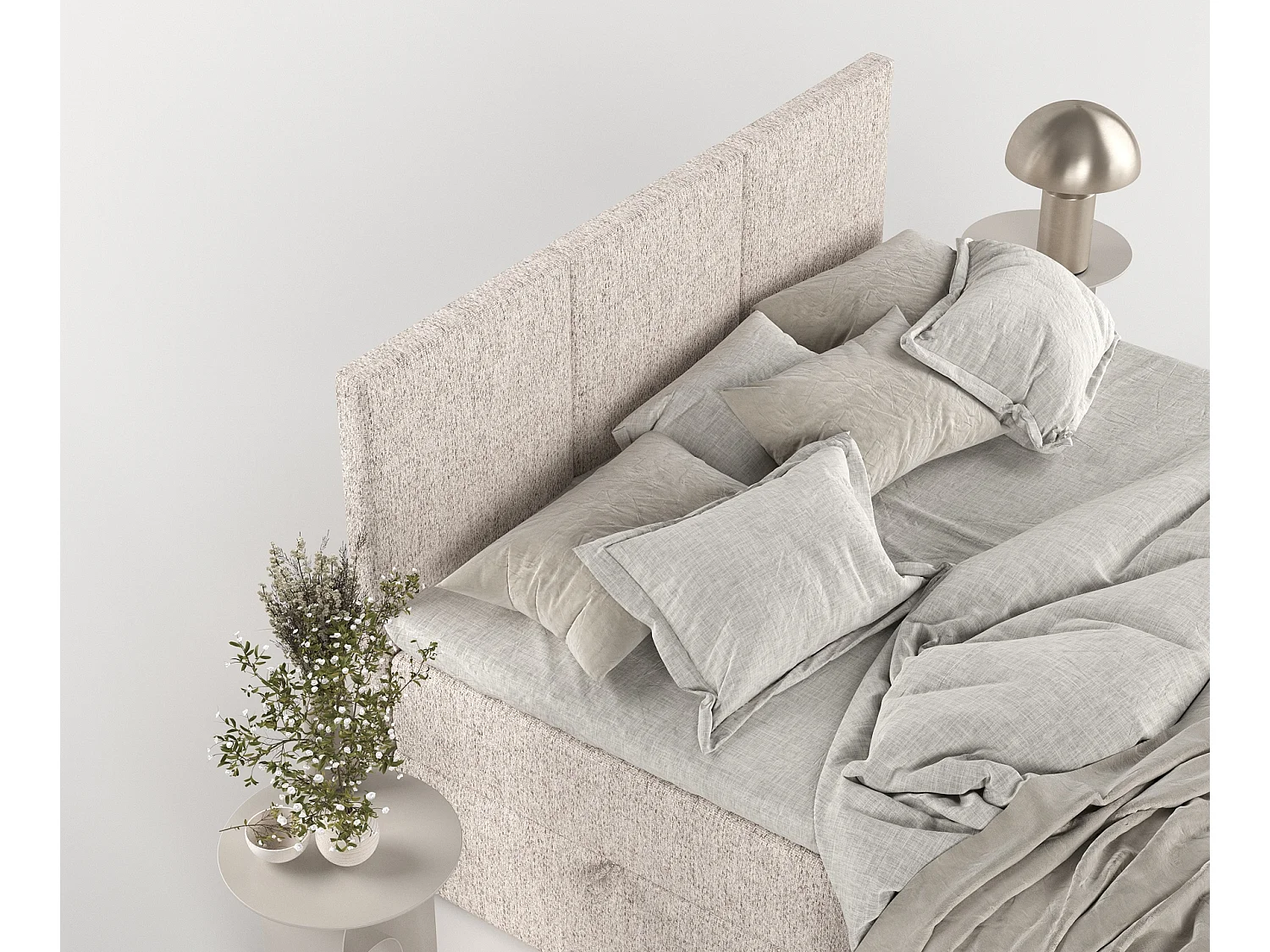 Set compleet bed met hoofdbord + opbergruimte + matrasse + dekmatrasse - 200 x 200 cm - Geweven stof - Lichtbruin - JONAH