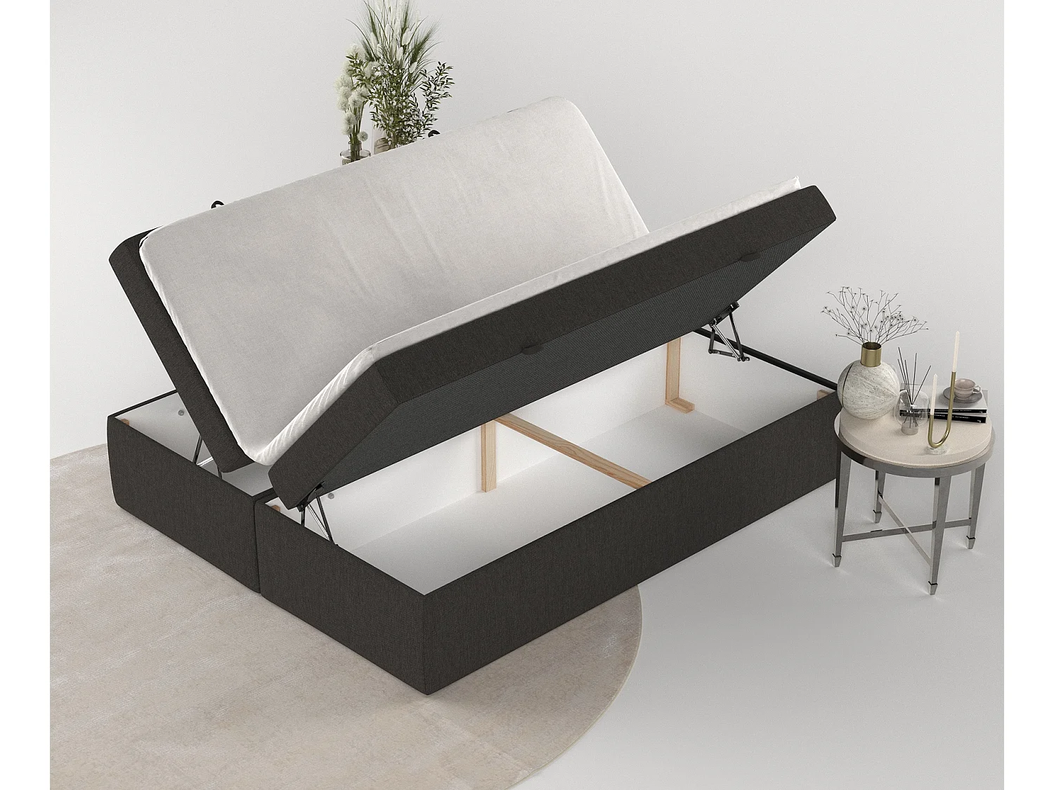 Set compleet bed + opbergruimte + matrasse + dekmatrasse - 180x200 cm - geweven stof - zwart - LENNON