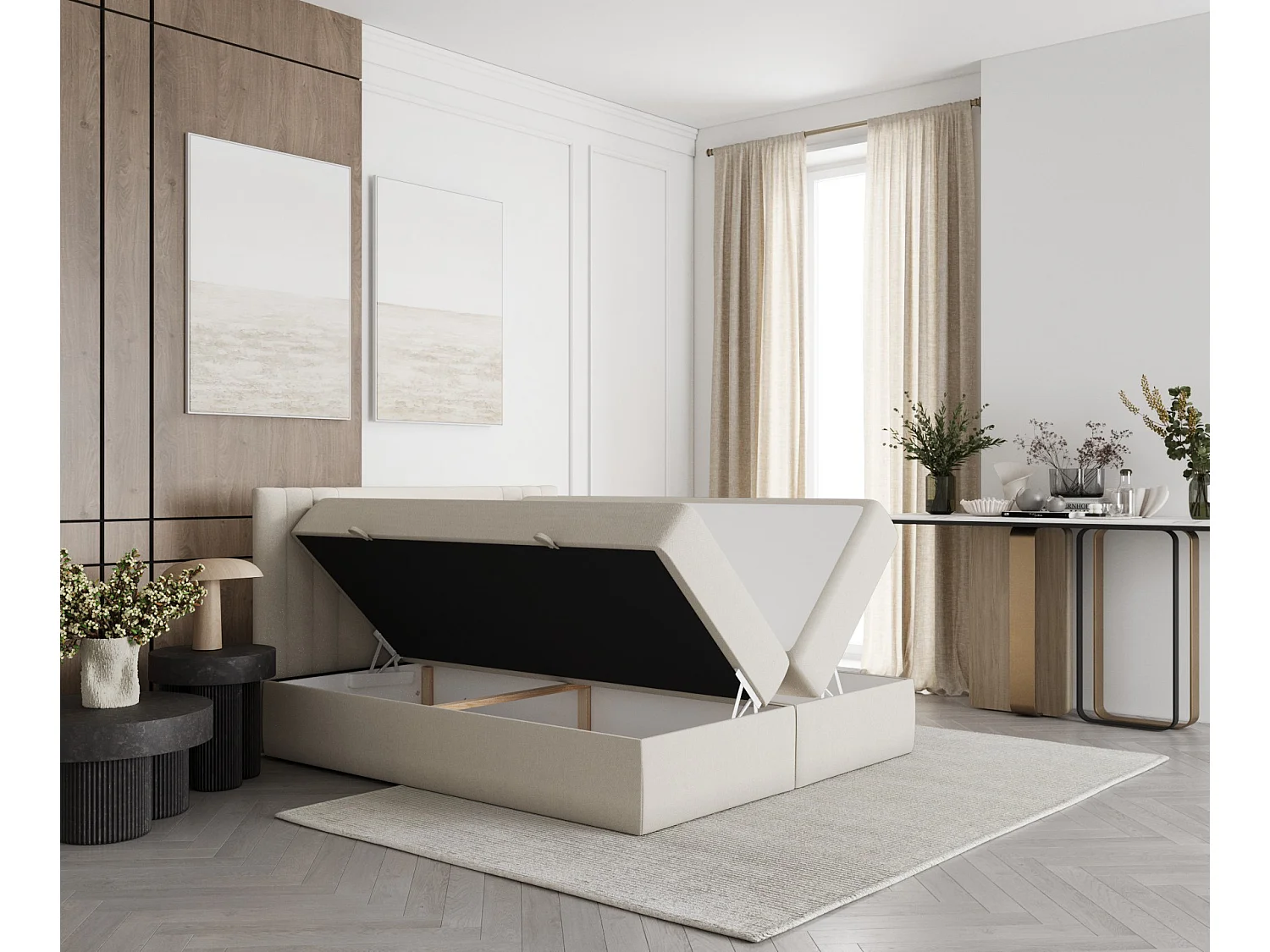 Set compleet bed met hoofdbord + opbergruimte + matrasse + dekmatrasse - 140 x 200 cm - Geweven stof - Creme - MALLO