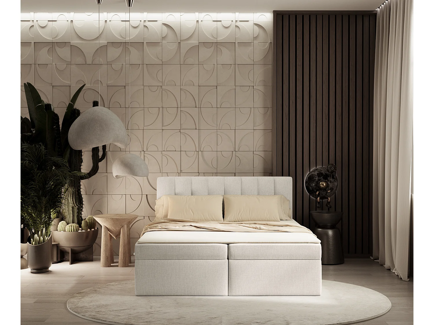 Set compleet bed met hoofdbord + opbergruimte + matrasse + dekmatrasse - 140x200 cm - chenille stof - creme - NOVENTO