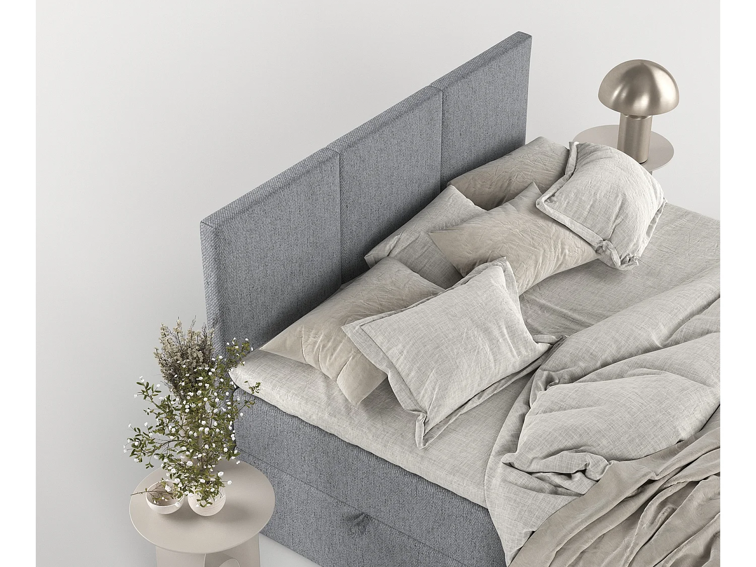 Set compleet bed met hoofdbord + opbergruimte + matrasse + dekmatrasse - 120 x 200 cm - Geweven stof - Grijs - JONAH