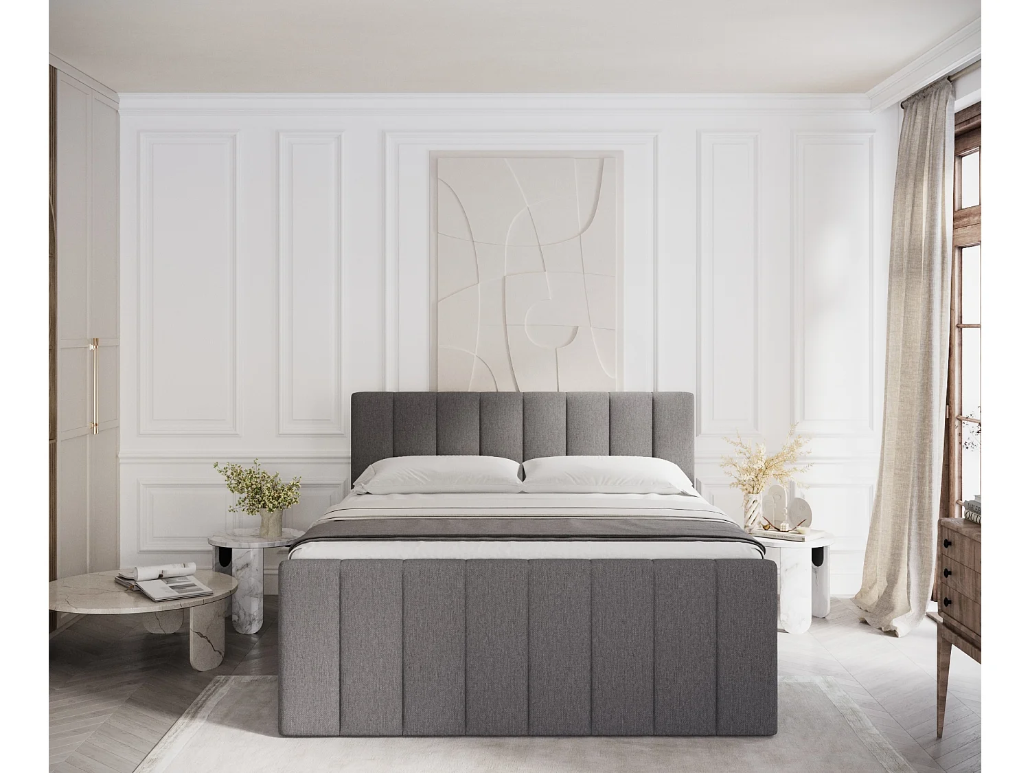 Set compleet bed met hoofdbord + opbergruimte + matrasse + dekmatrasse - 140 x 200 cm - Geweven stof - Grafiet - RUBY