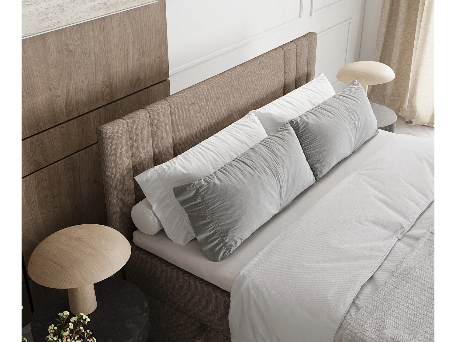 Set compleet bed met hoofdbord + opbergruimte + matrasse + dekmatrasse - 200 x 200 cm - Geweven stof - Lichtbruin - MALLO