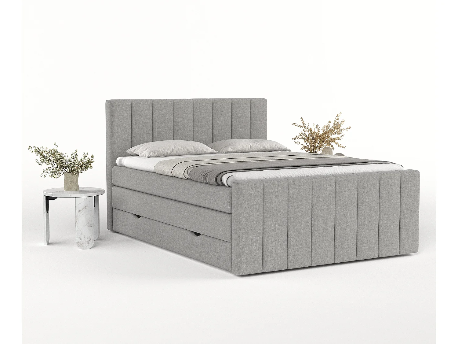 Set compleet bed met hoofdbord + opbergruimte + matrasse + dekmatrasse - 200 x 200 cm - Geweven stof - Grijs - RUBY